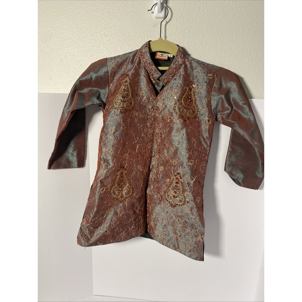 Kids Ethnic Embroidered Red/green Red beaded collar -‎ Kurta Only Size 4 M1